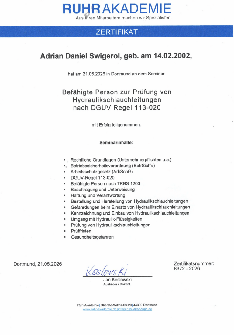 Zertifikat - befähigte Person für Hydraulikschlauchleitungen