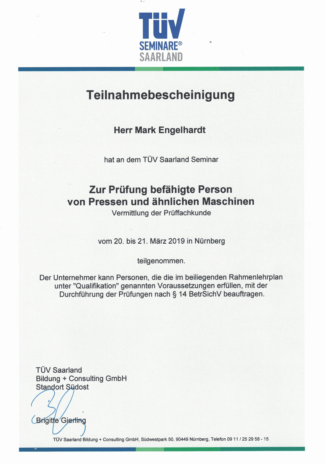 Teilnahmebescheinigung-TÜV-Seminar-befähigte-Person-Pressen-Mark-Engelhardt
