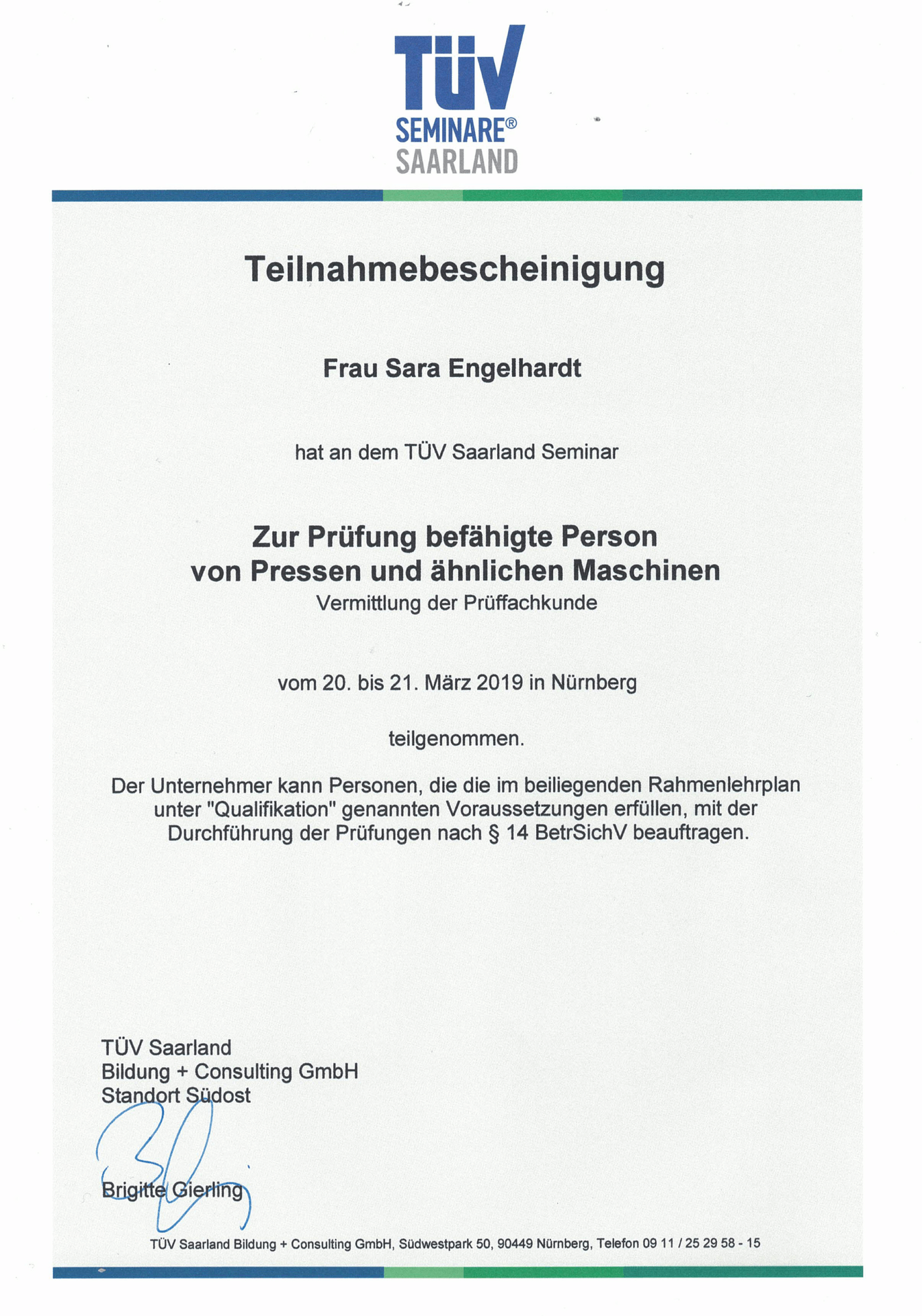 Teilnahmebescheinigung-TÜV-Seminar-befähigte-Person-Pressen-Sara-Engelhardt