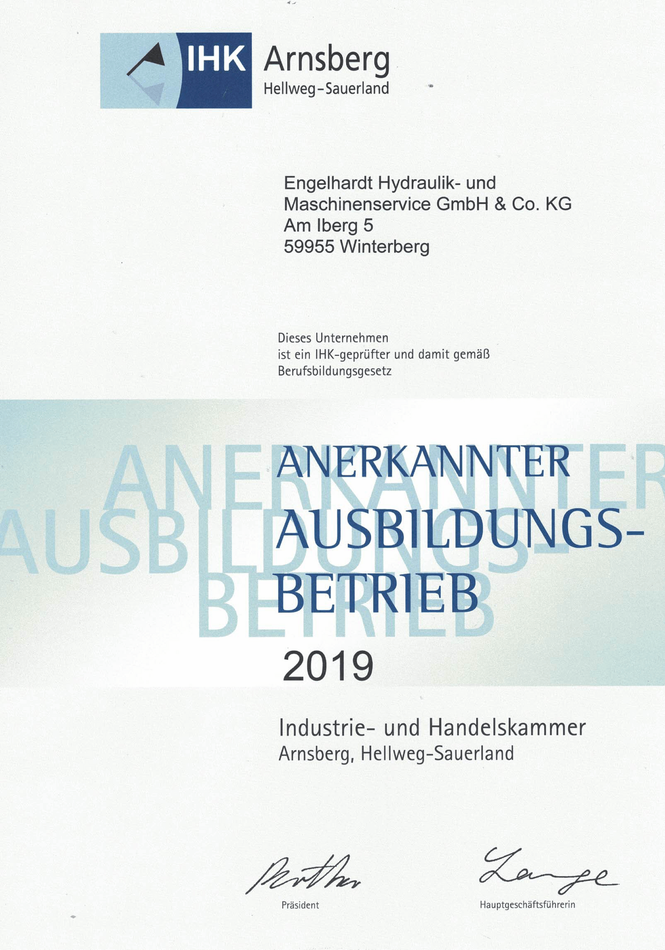 Zertifikat-IHK-Arnsberg-Ausbildungsbetrieb-2019